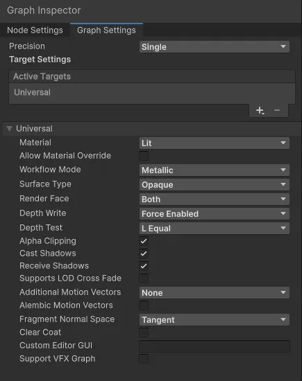 Shader graph Settings